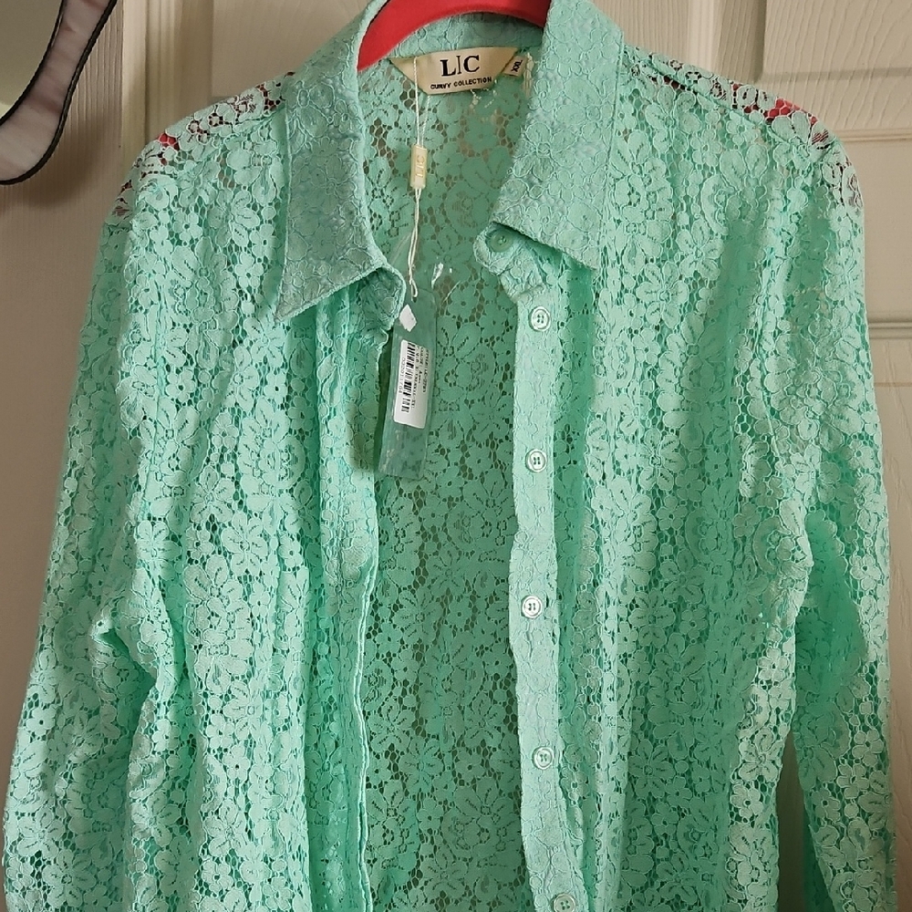 Mint Green Lace Button-Up Shirt